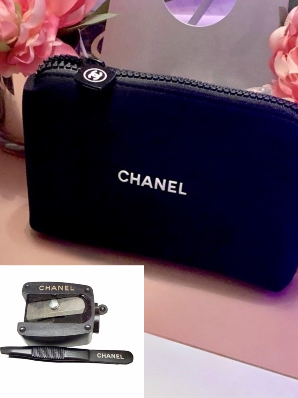 2- Options New Chanel Cosmetic Bag +
Mini Tweezers, Sharpener